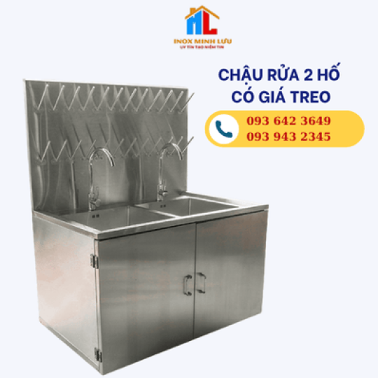Chậu rửa công nghiệp inox 2 hố có giá treo